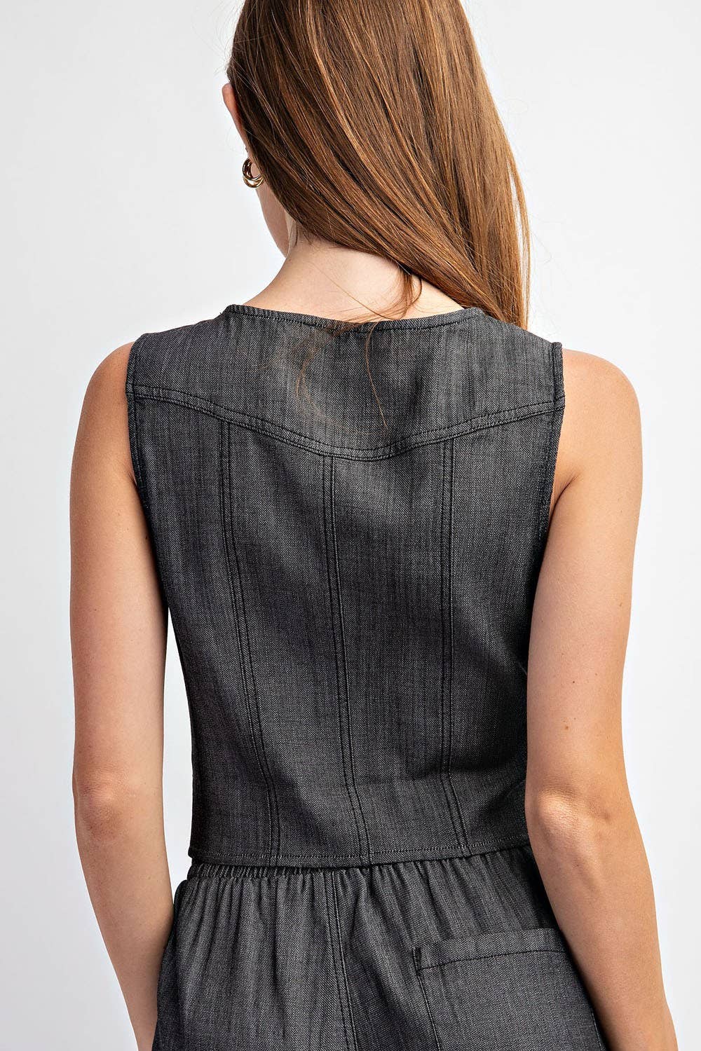 Washed Denim Button-Down Vest Top - Image 3