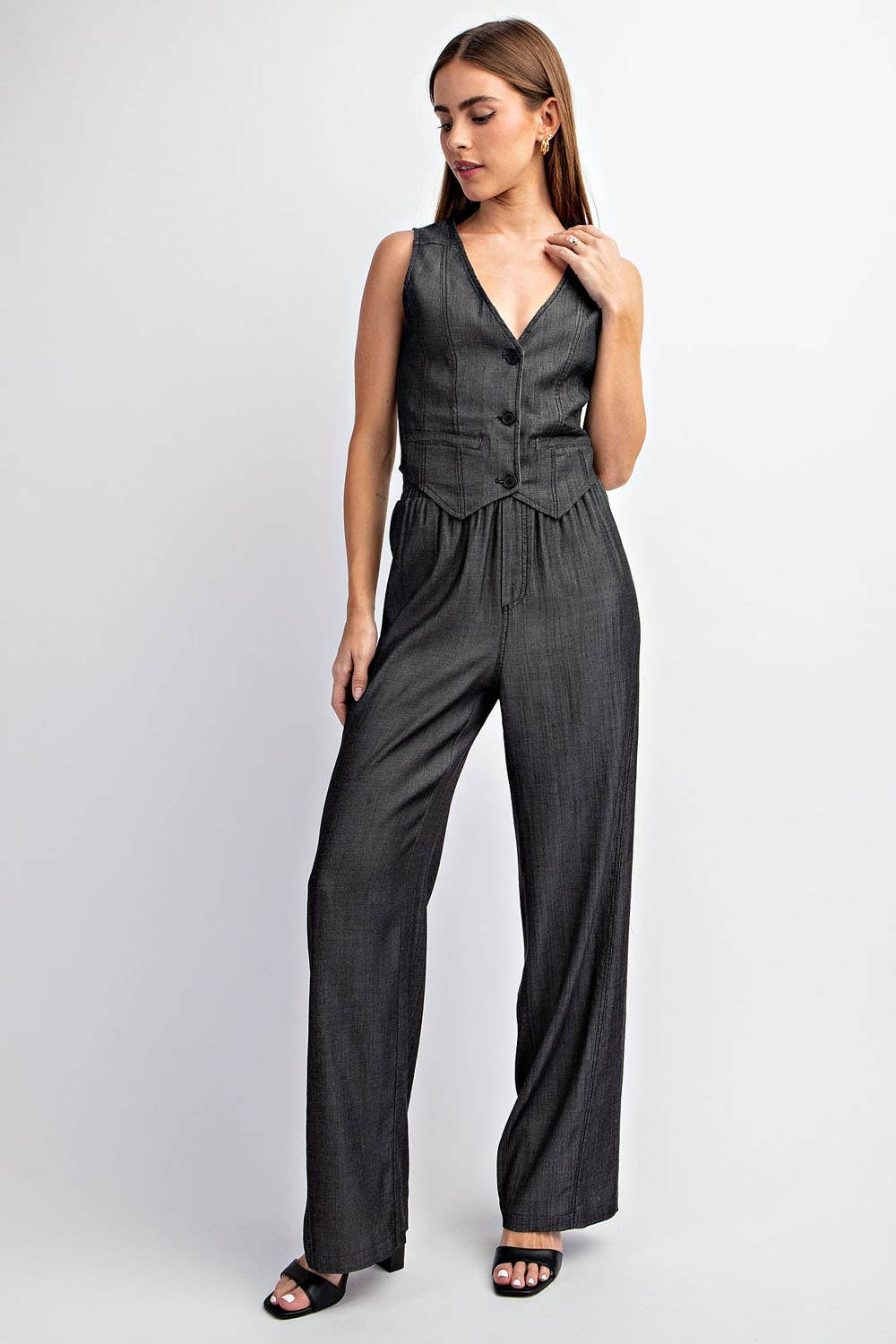Washed Denim Button-Down Vest Top - Image 4