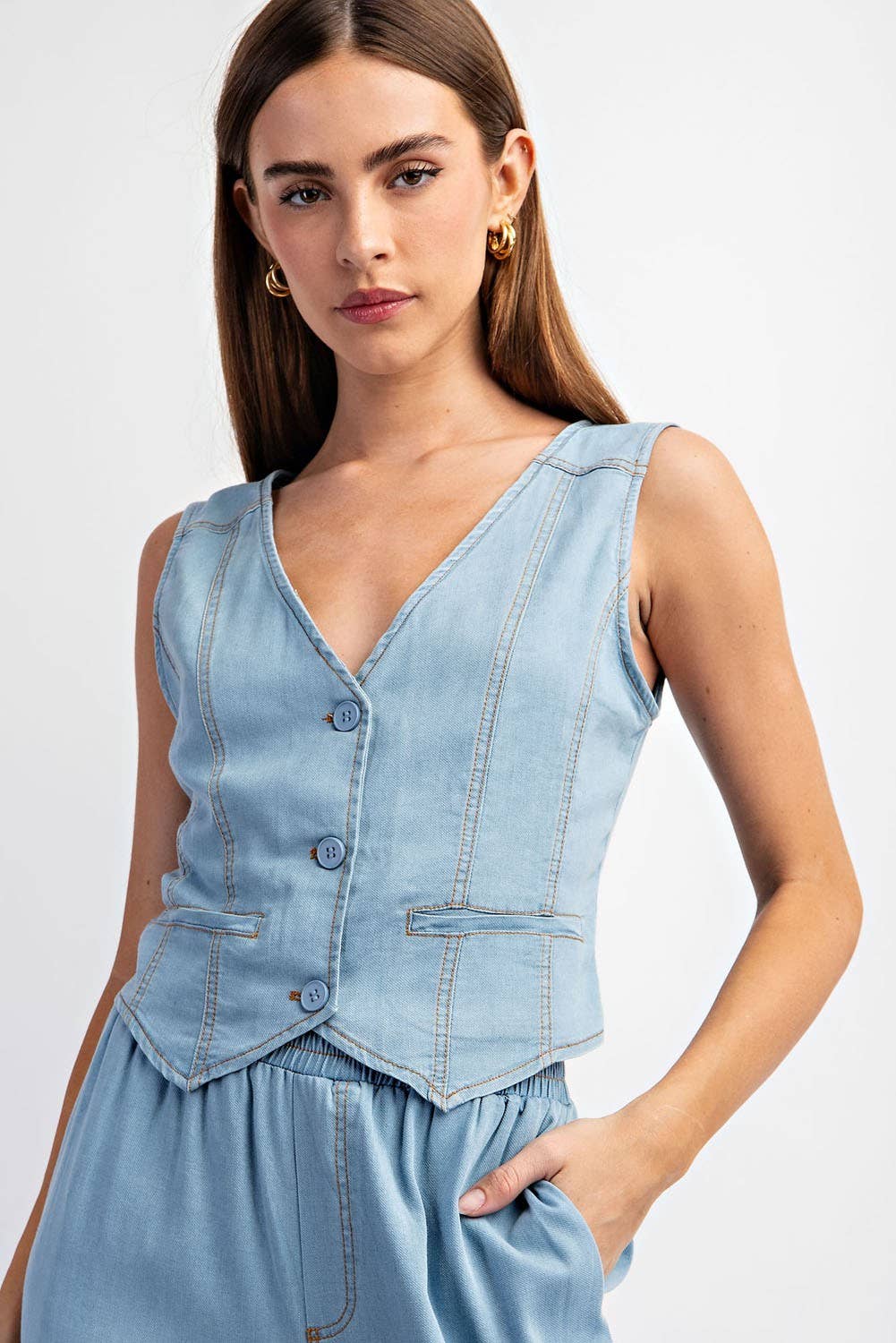 Washed Denim Button-Down Vest Top - Image 5