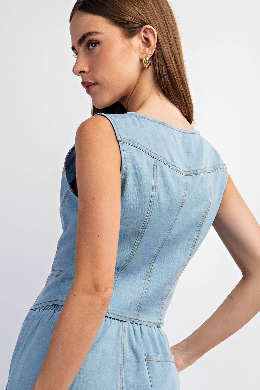 Washed Denim Button-Down Vest Top - Image 7