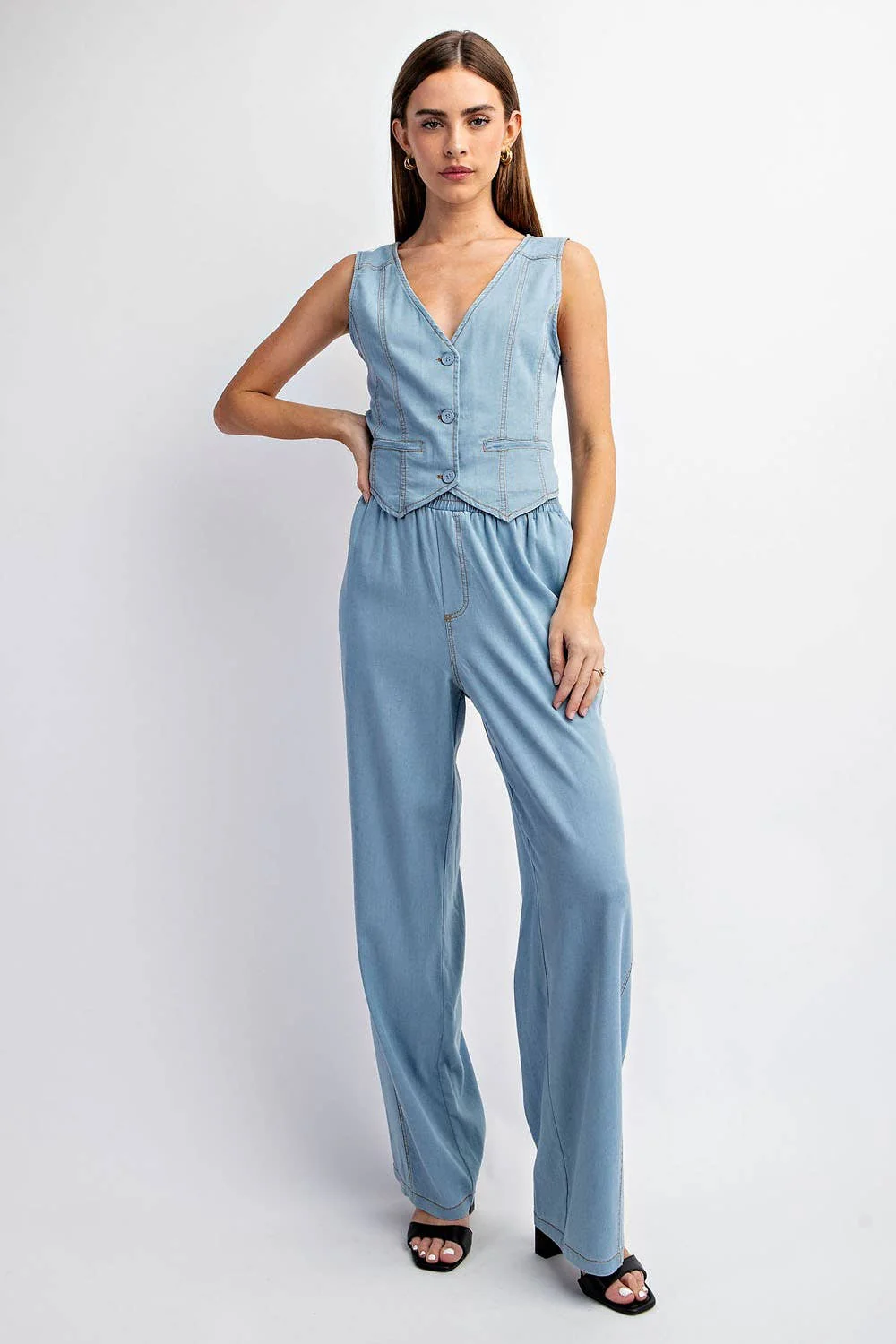 Washed Denim Button-Down Vest Top - Image 8