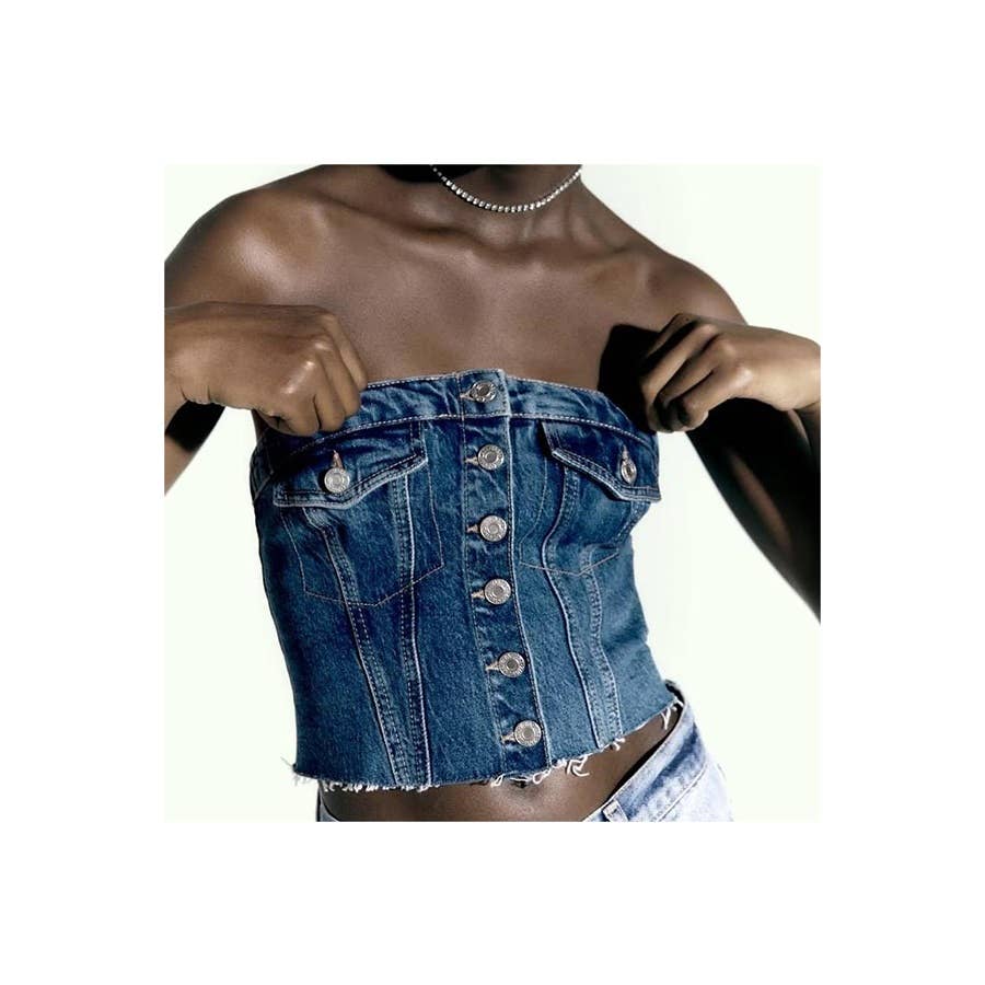 Washed Denim Corset Tube Top Sweet Sleeveless Top