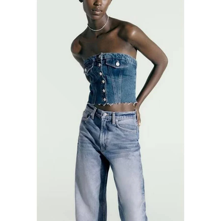 Washed Denim Corset Tube Top Sweet Sleeveless Top - Image 3