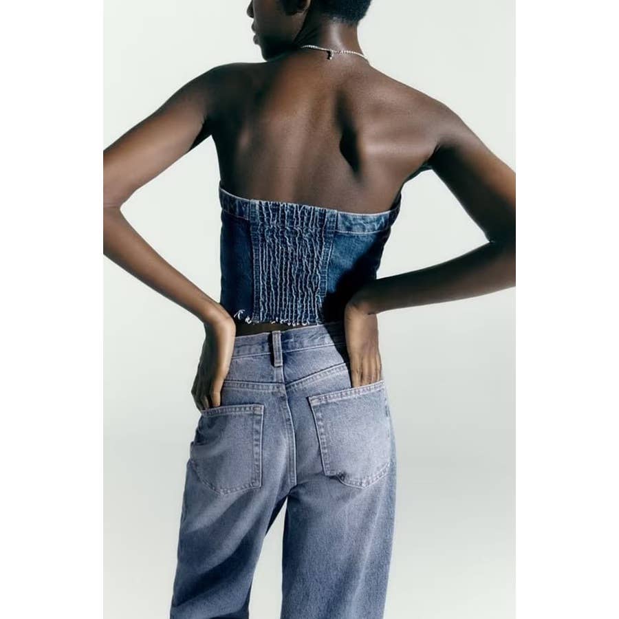 Washed Denim Corset Tube Top Sweet Sleeveless Top - Image 4