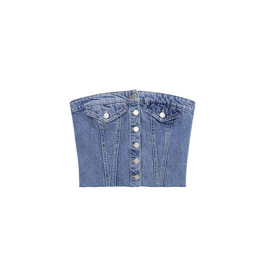 Washed Denim Corset Tube Top Sweet Sleeveless Top - Image 5