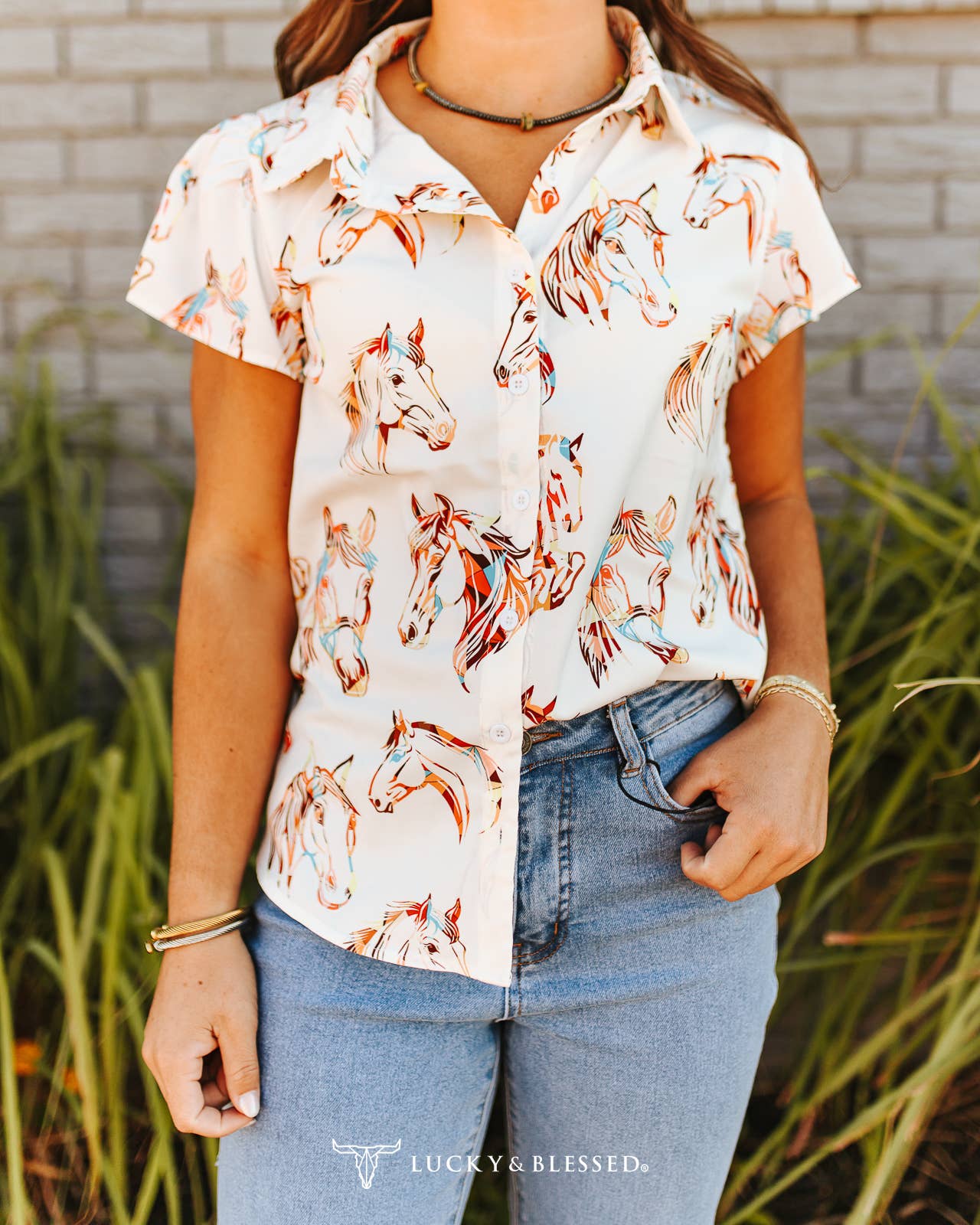 Western Beige Button Down Ruffle Sleeve Blouse - Image 3