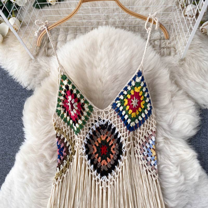 Western cowgirl Boho Crochet lace long tassel strappy dress - Image 3