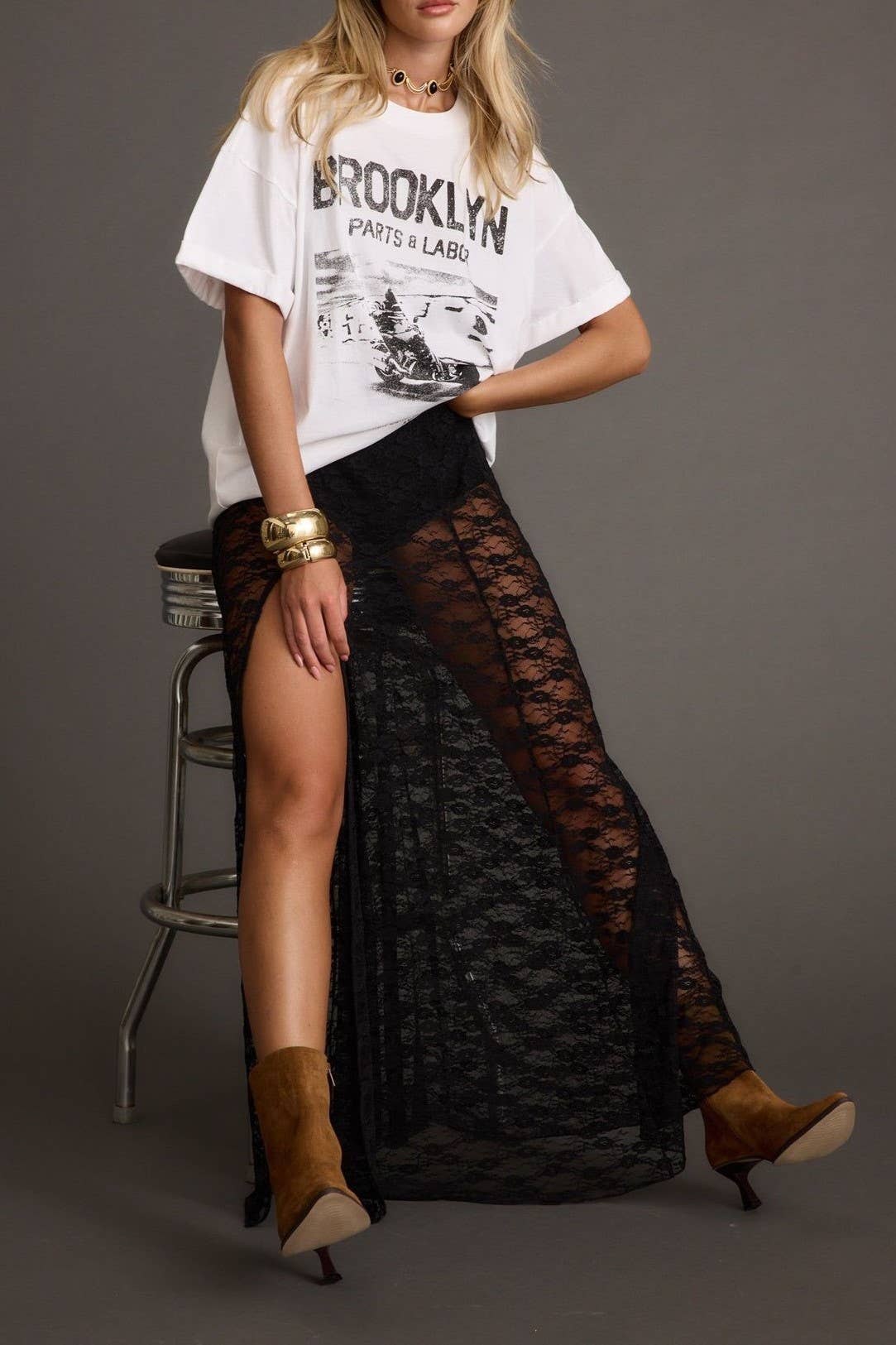 Western cowgirl sheer Floral lace High slit maxi skirt - Image 13