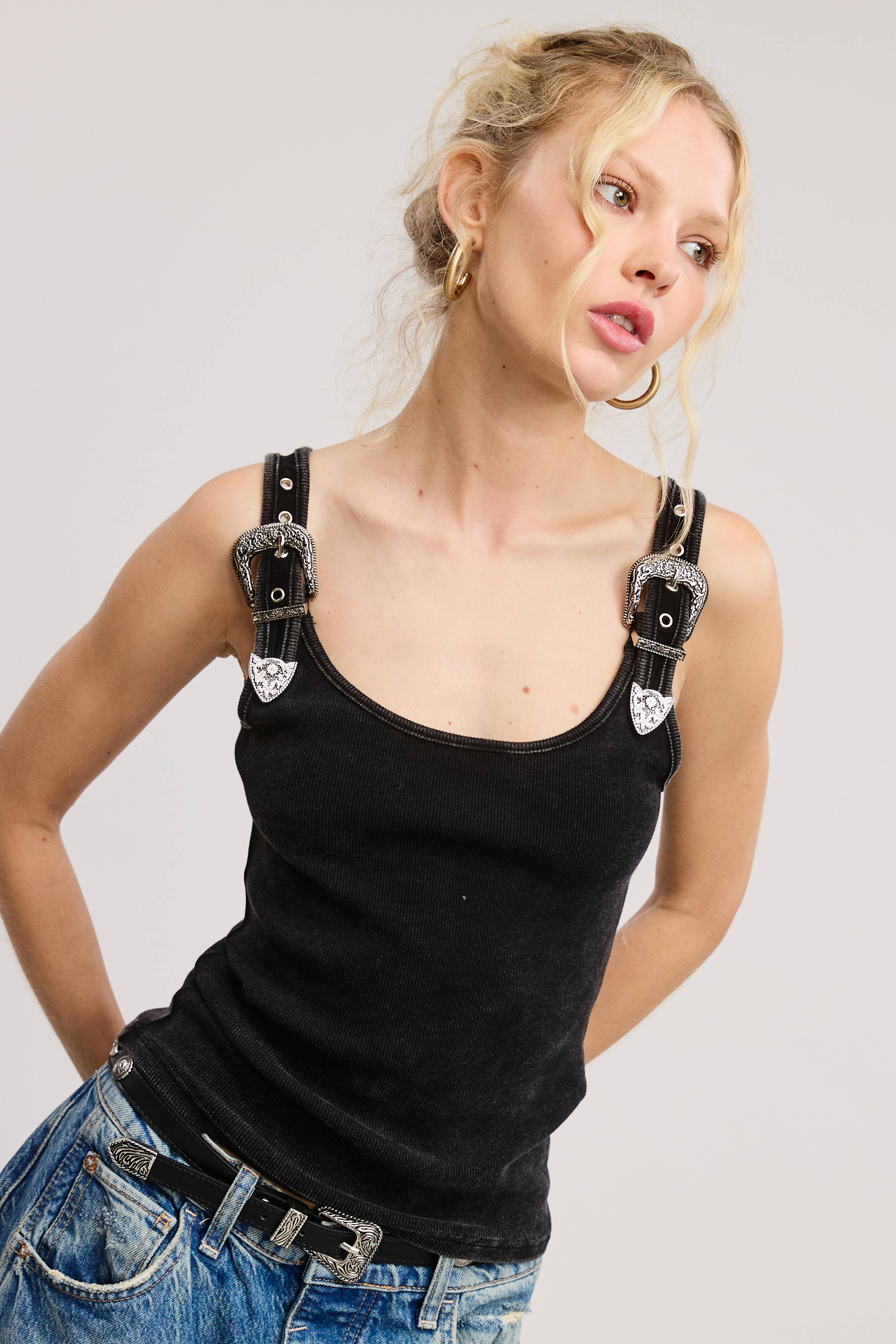 Western Silver Belt Trim Washed Tank Top - Image 5