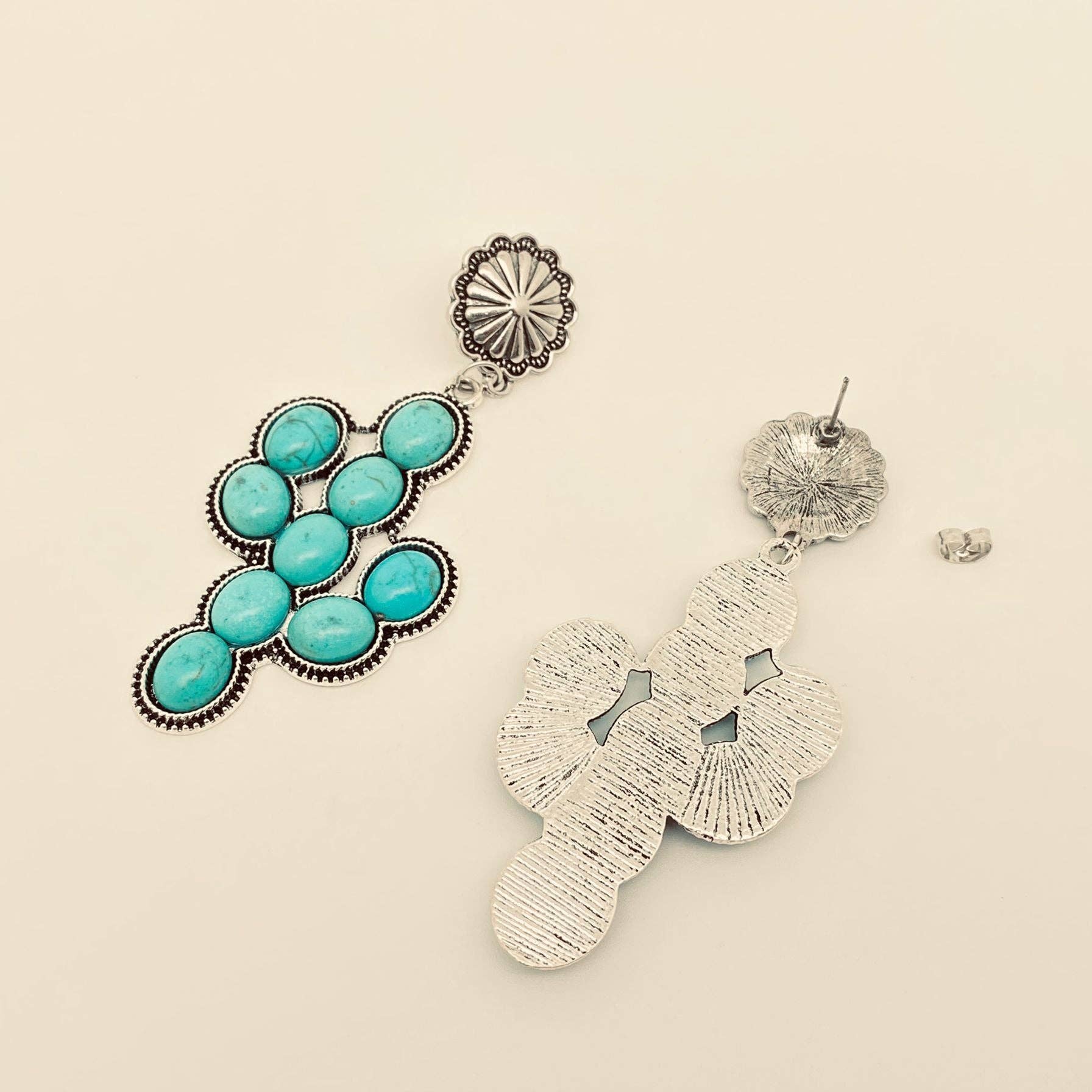 Western Style Turquoise Cactus Pendant Post Earrings - WJ - Image 2