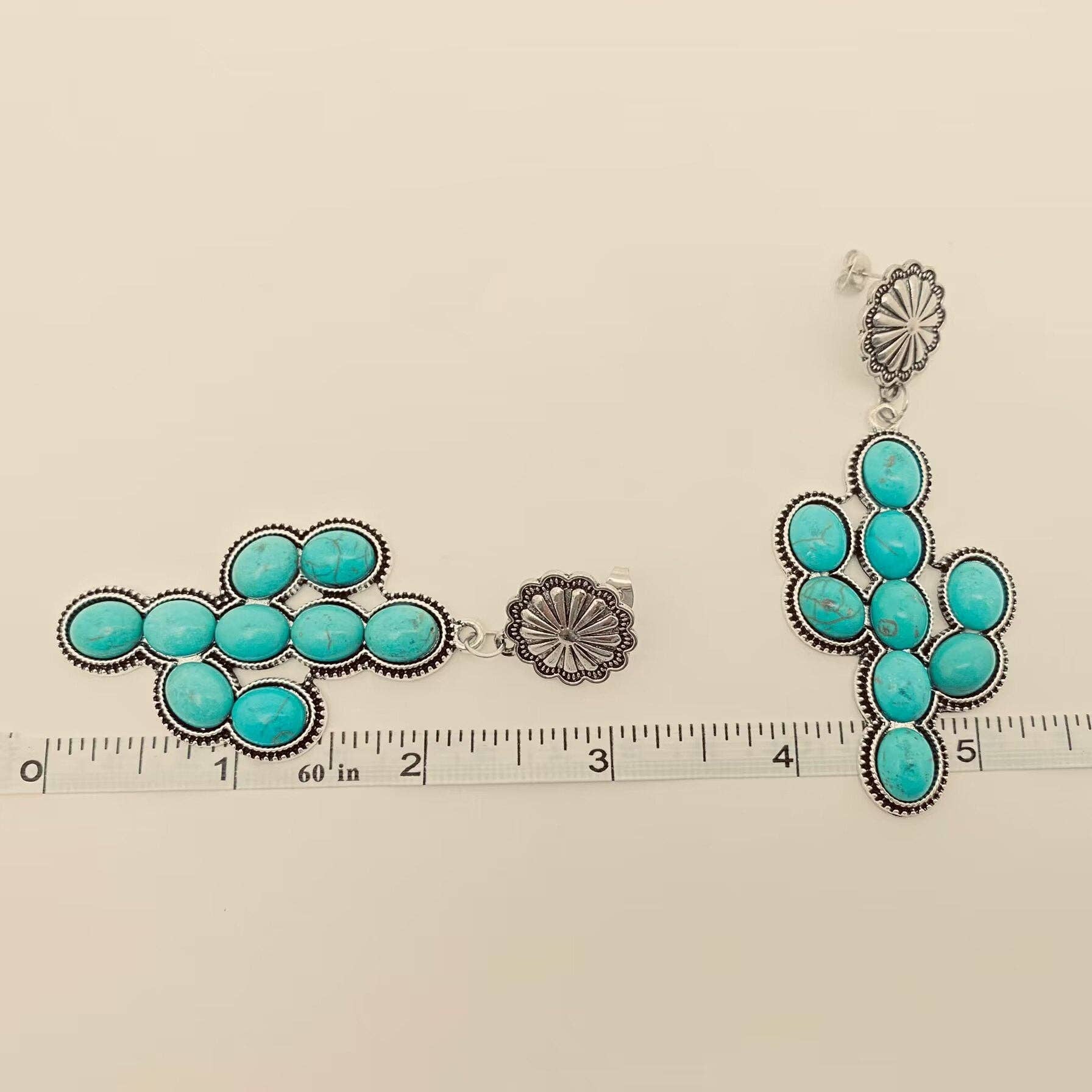 Western Style Turquoise Cactus Pendant Post Earrings - WJ - Image 3