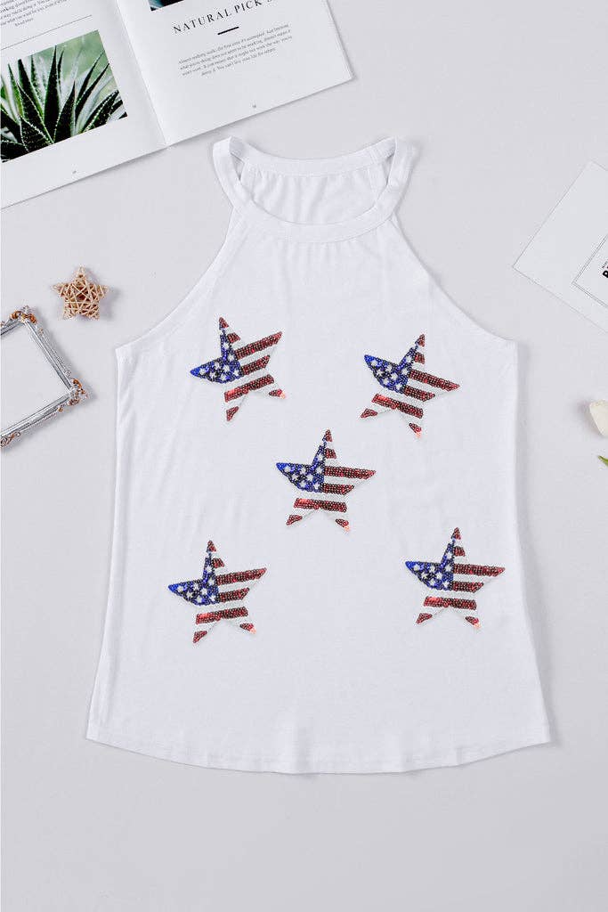 White Sequined American Flag Star Graphic Tank Top - Image 3