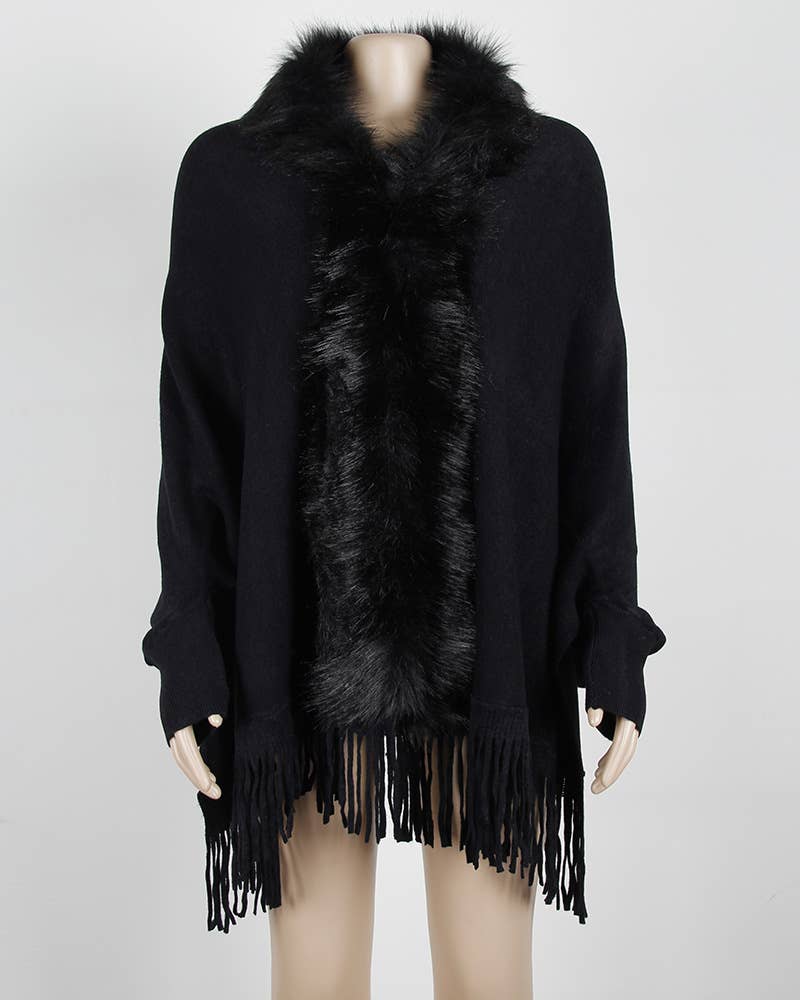Winter tassel cape faux fur collar shawl 7 colors - Image 2