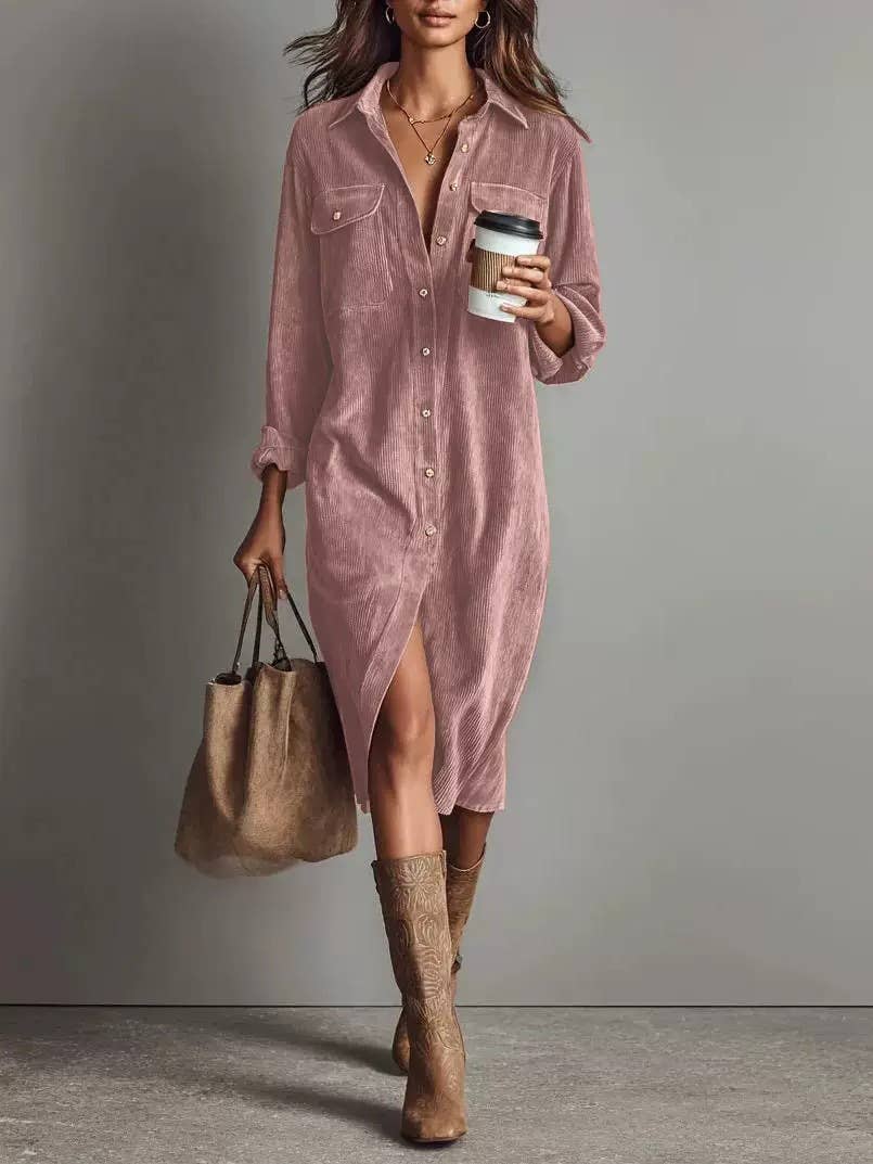 Women Corduroy Long Sleeve Shirt Dress - Image 12