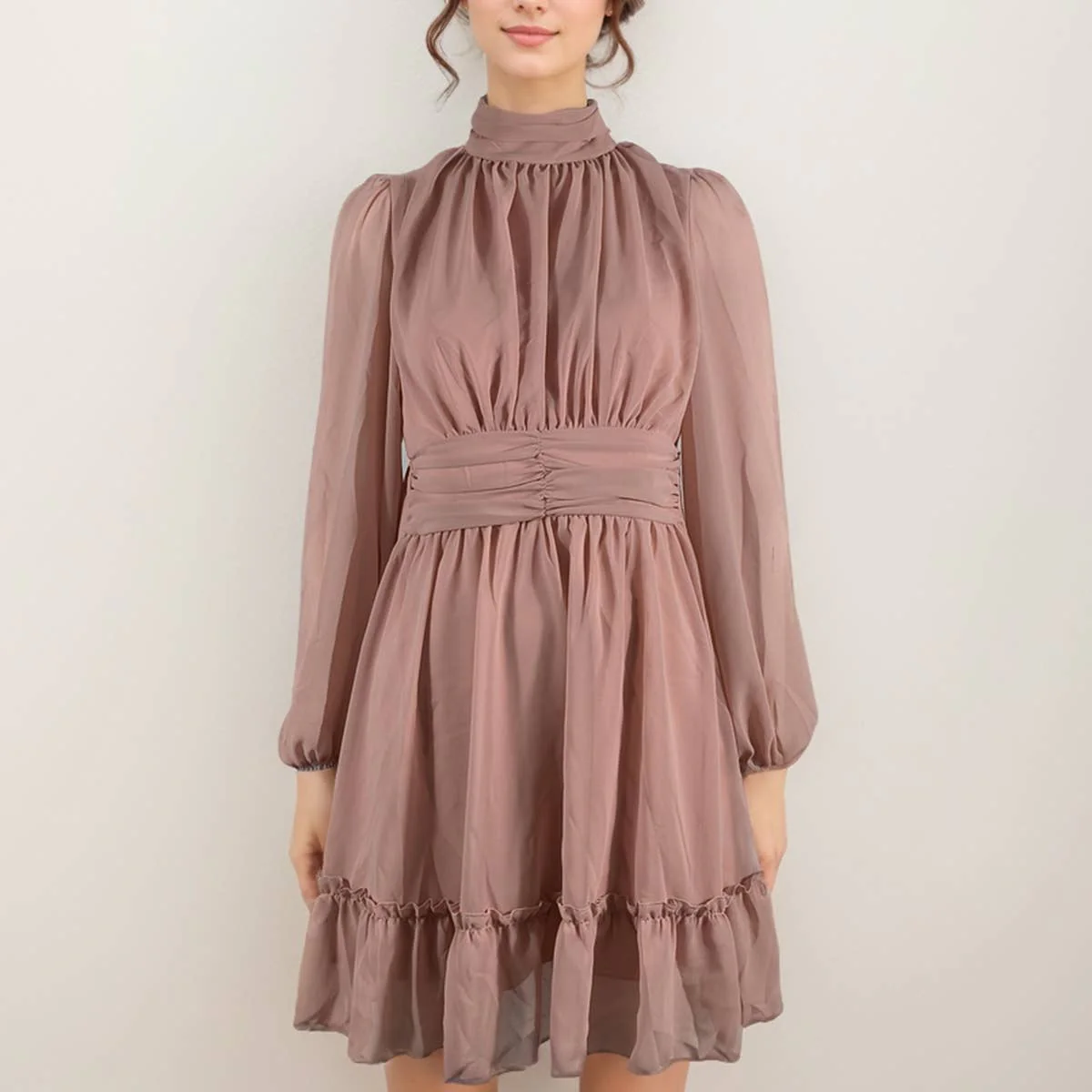 WOMEN HIGH NECK LONG SLEEVED PLEATED FALL DRESS_CWDSD1687 - Image 11