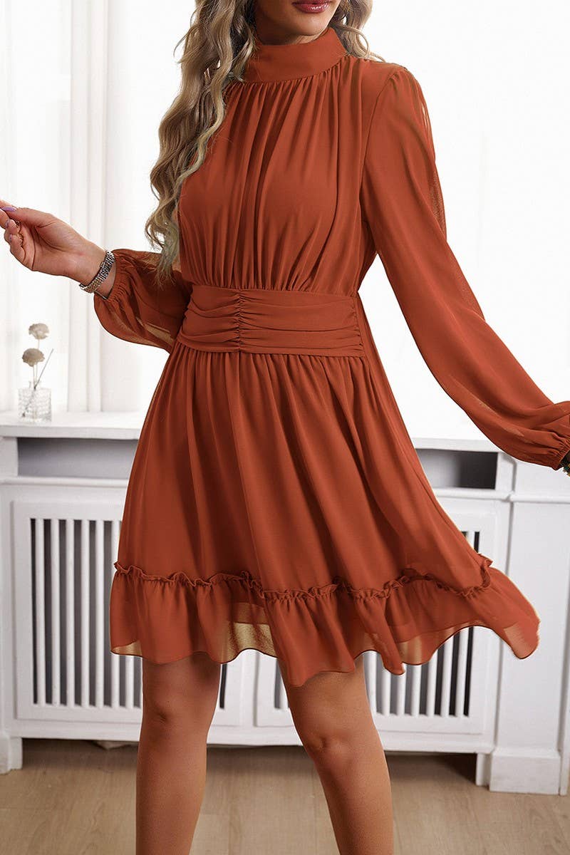 WOMEN HIGH NECK LONG SLEEVED PLEATED FALL DRESS_CWDSD1687 - Image 6