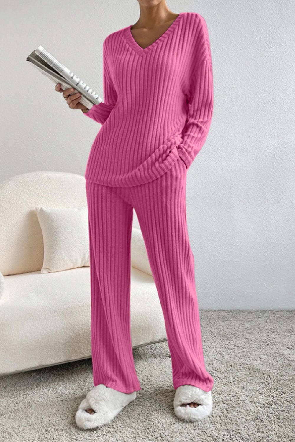 Women's Casual Ribbed V-Neck Top and Straight Leg Pants Set - Image 5