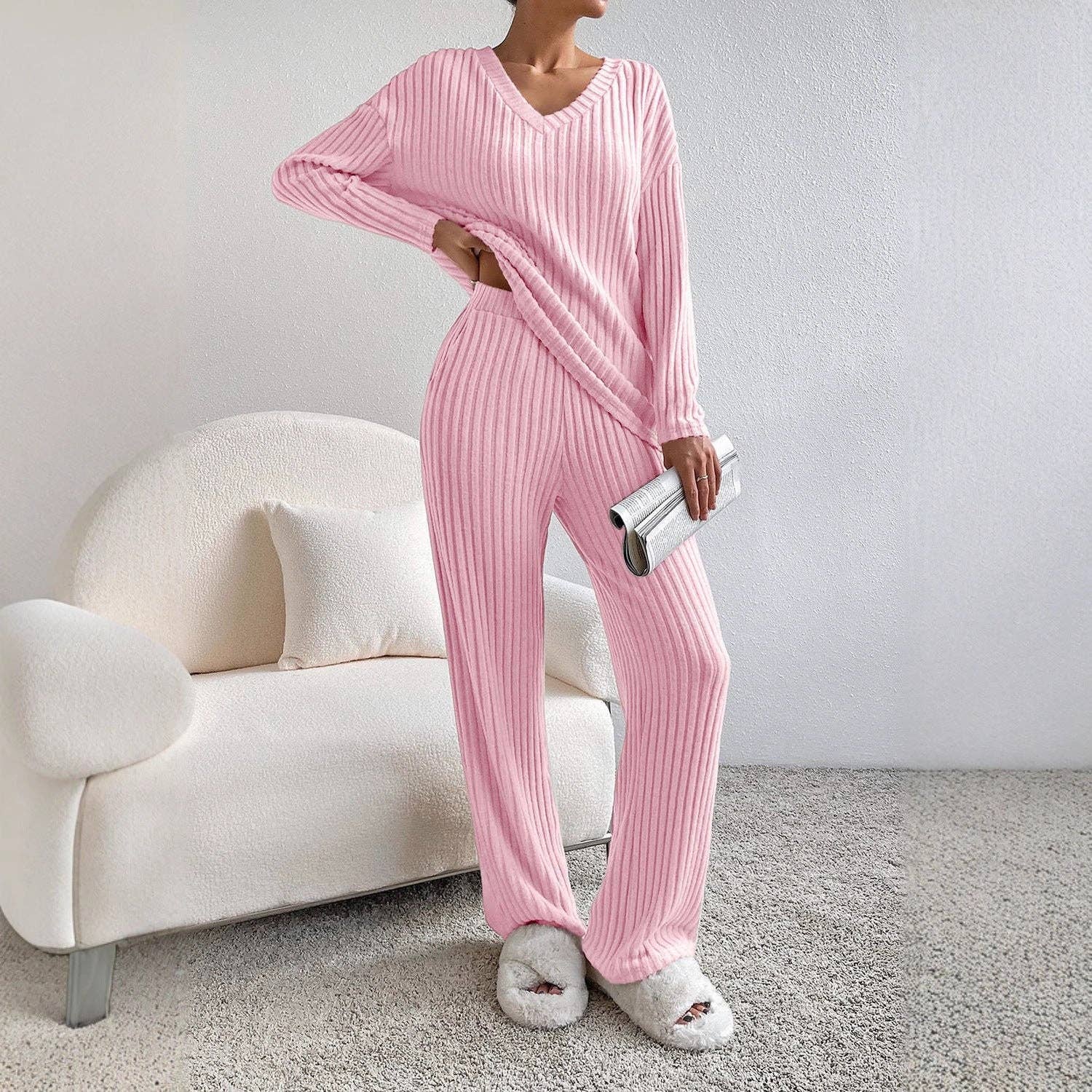 Women's Casual Ribbed V-Neck Top and Straight Leg Pants Set - Image 8