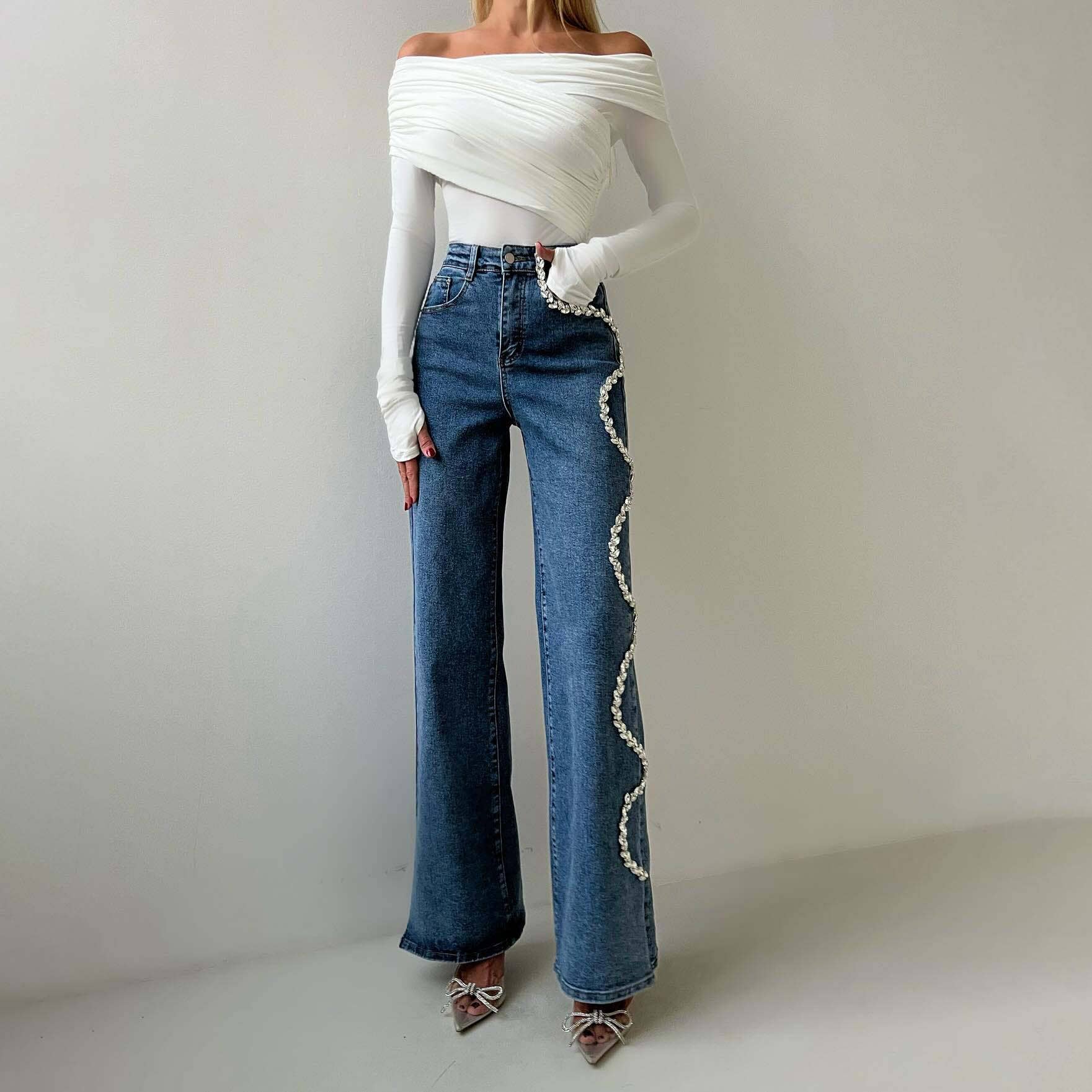 Women's diamond chain jeans, straight leg high waist trouser