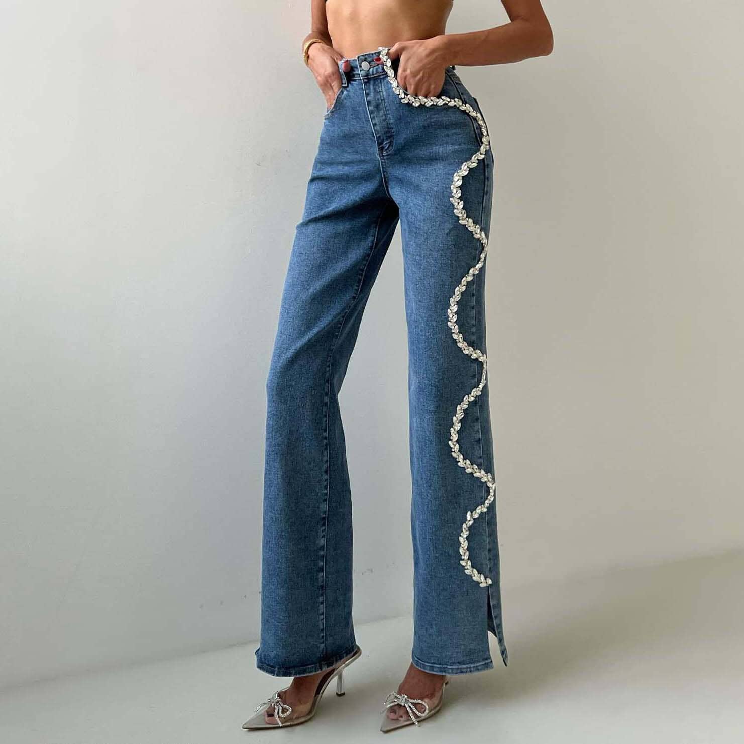 Women's diamond chain jeans, straight leg high waist trouser - Image 2