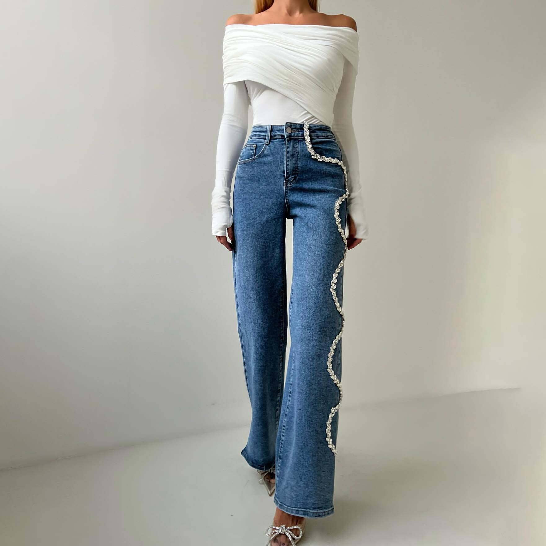 Women's diamond chain jeans, straight leg high waist trouser - Image 3