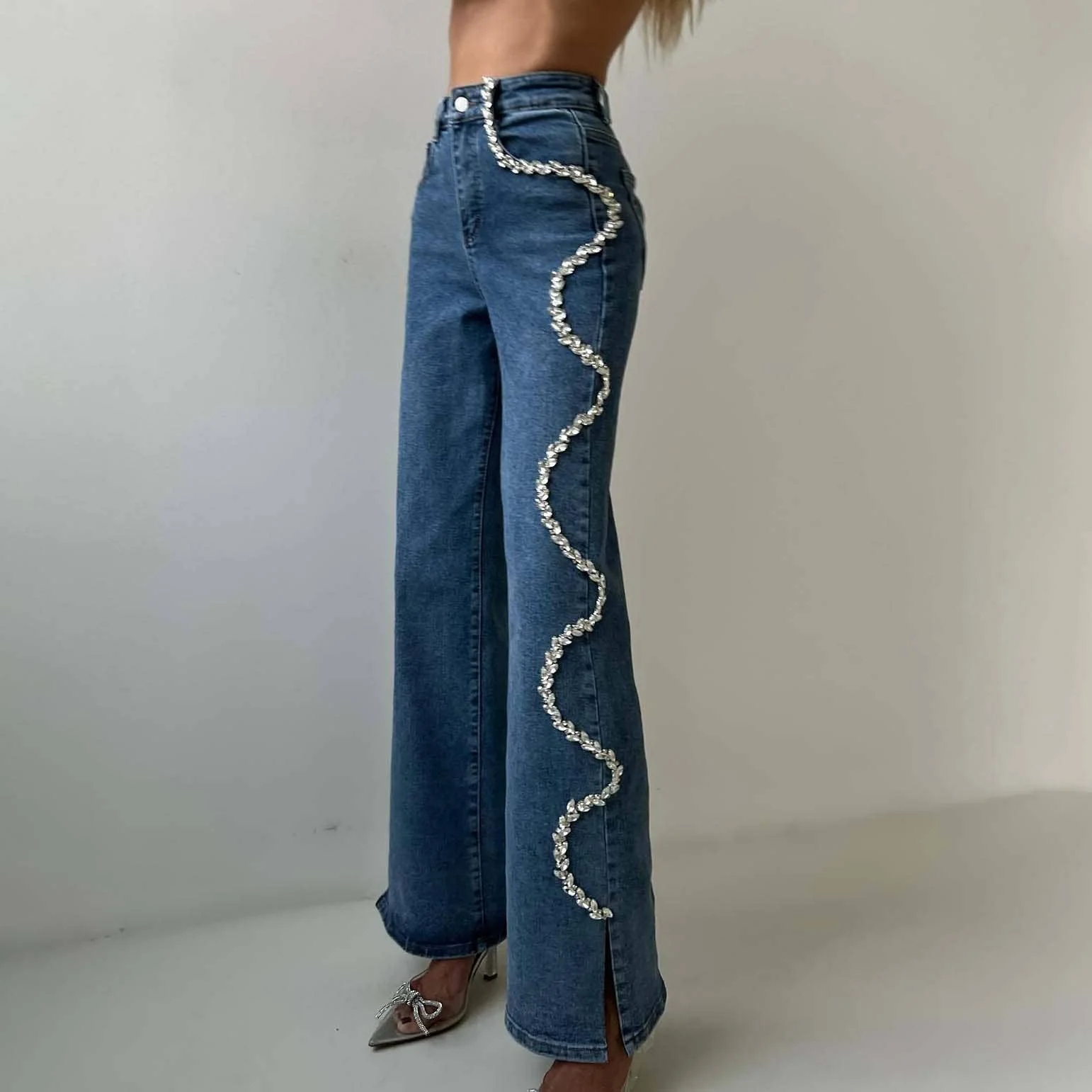 Women's diamond chain jeans, straight leg high waist trouser - Image 4
