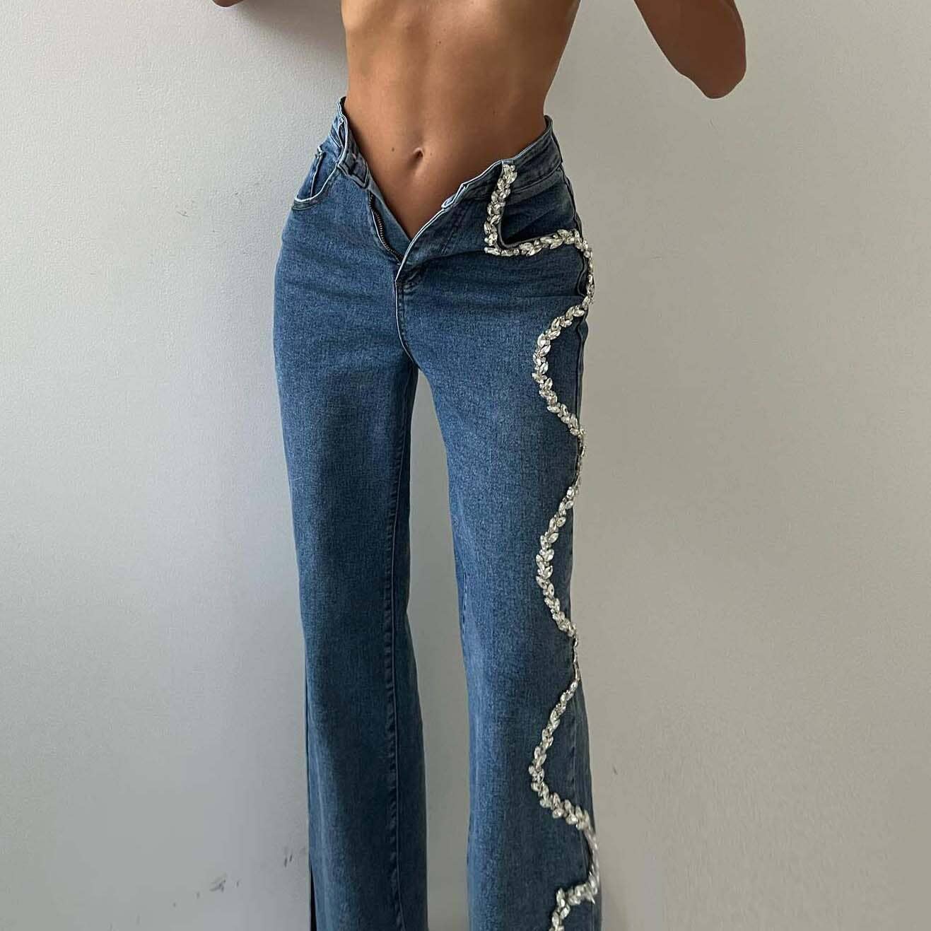 Women's diamond chain jeans, straight leg high waist trouser - Image 7