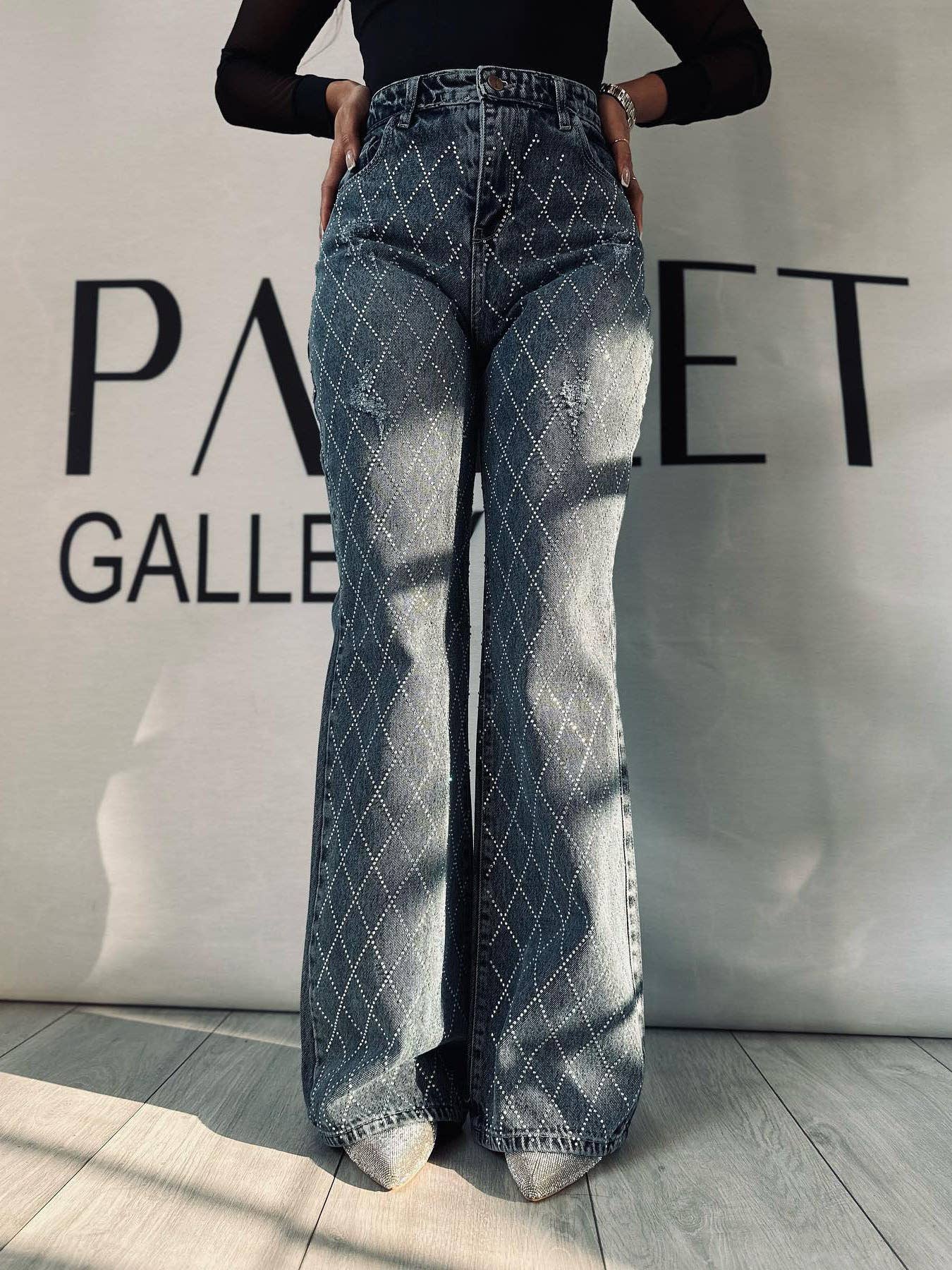 Women's Grid Rhinestone Jeans Straight High Waist Flared