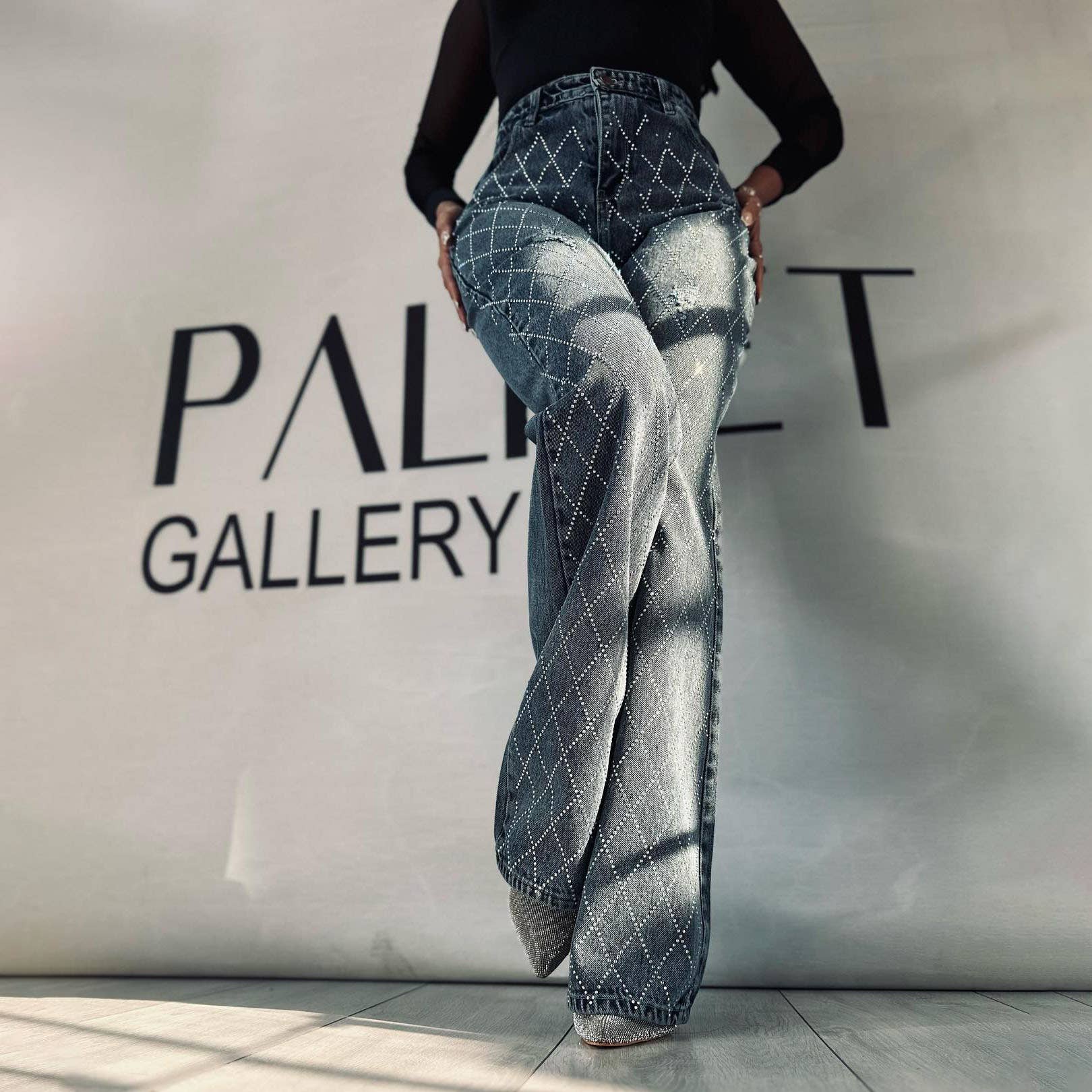 Women's Grid Rhinestone Jeans Straight High Waist Flared - Image 2