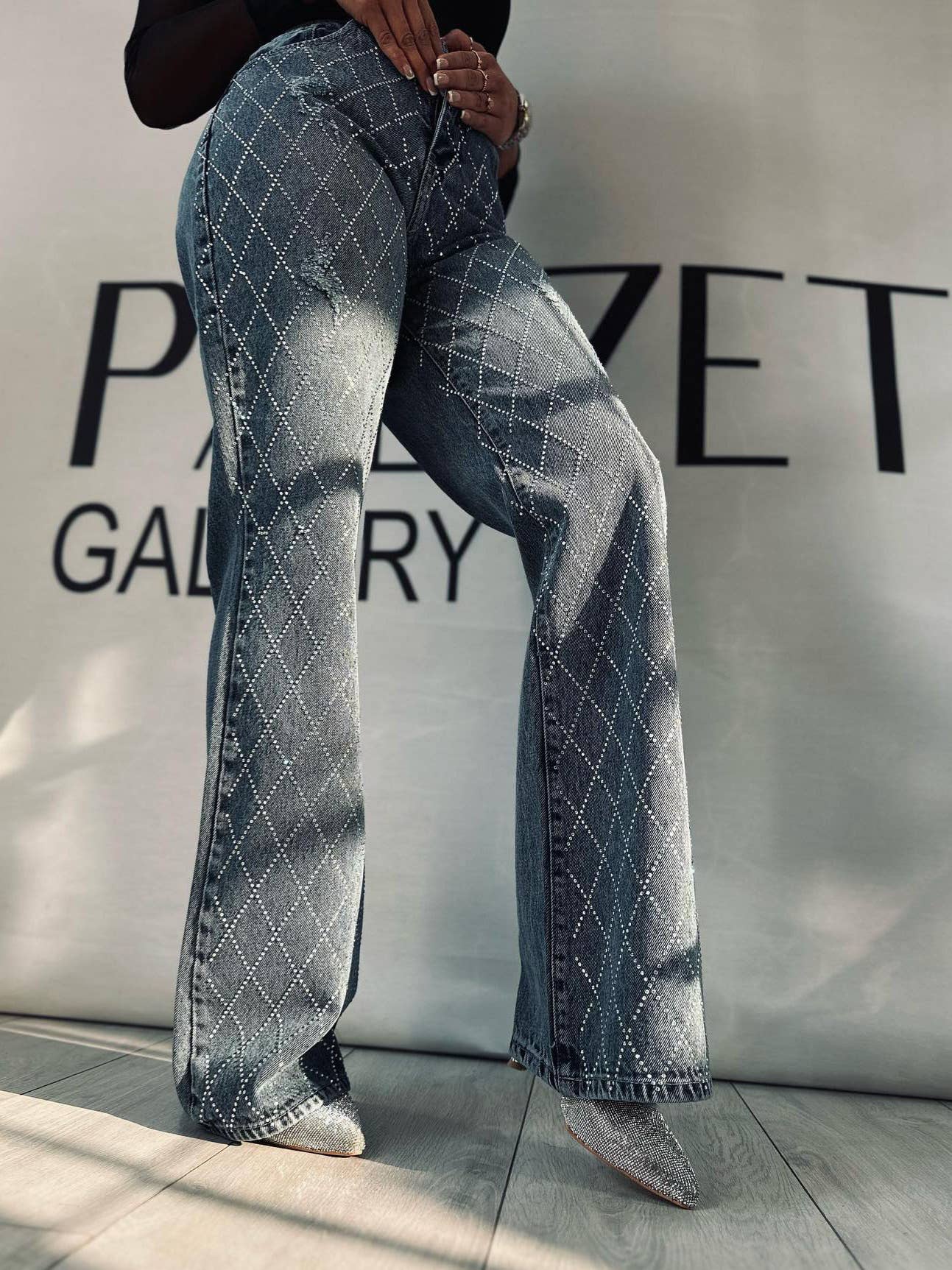 Women's Grid Rhinestone Jeans Straight High Waist Flared - Image 6