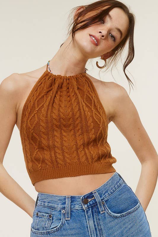 Womens Knit Halter Neck Tie Tank Top - Image 3