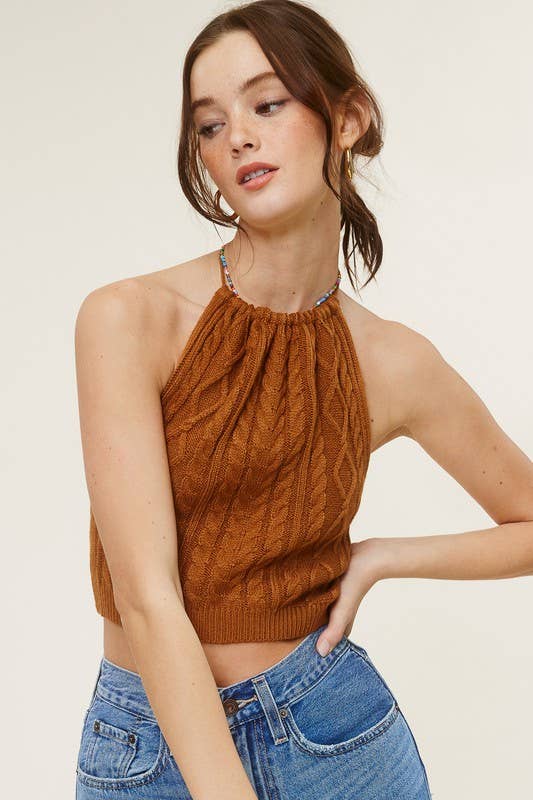 Womens Knit Halter Neck Tie Tank Top - Image 6
