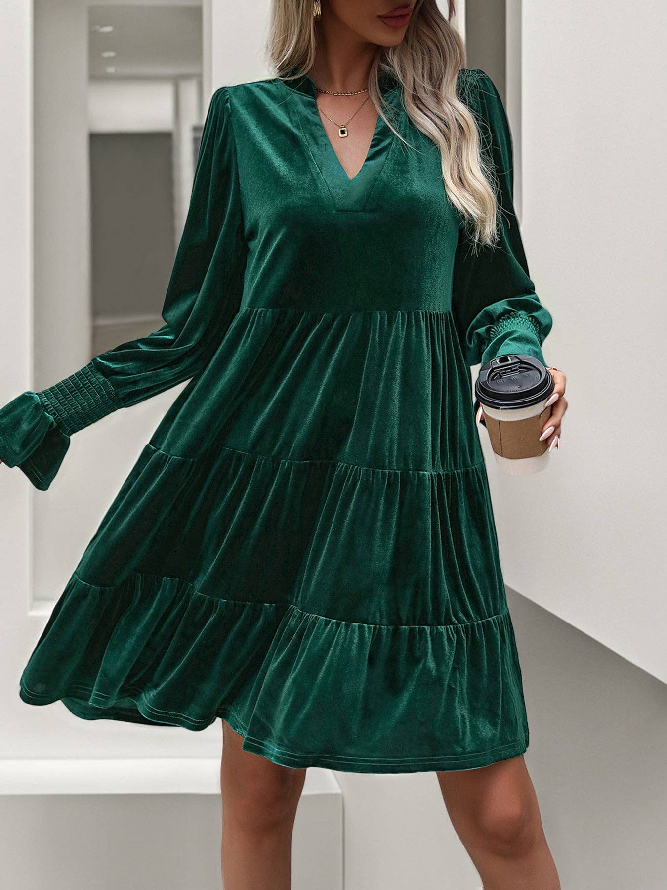 Women's V-Neck Long Sleeve Velvet Dress