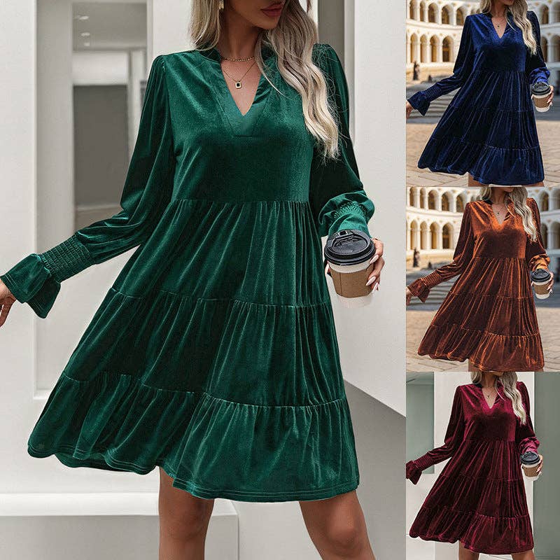 Women's V-Neck Long Sleeve Velvet Dress - Image 3