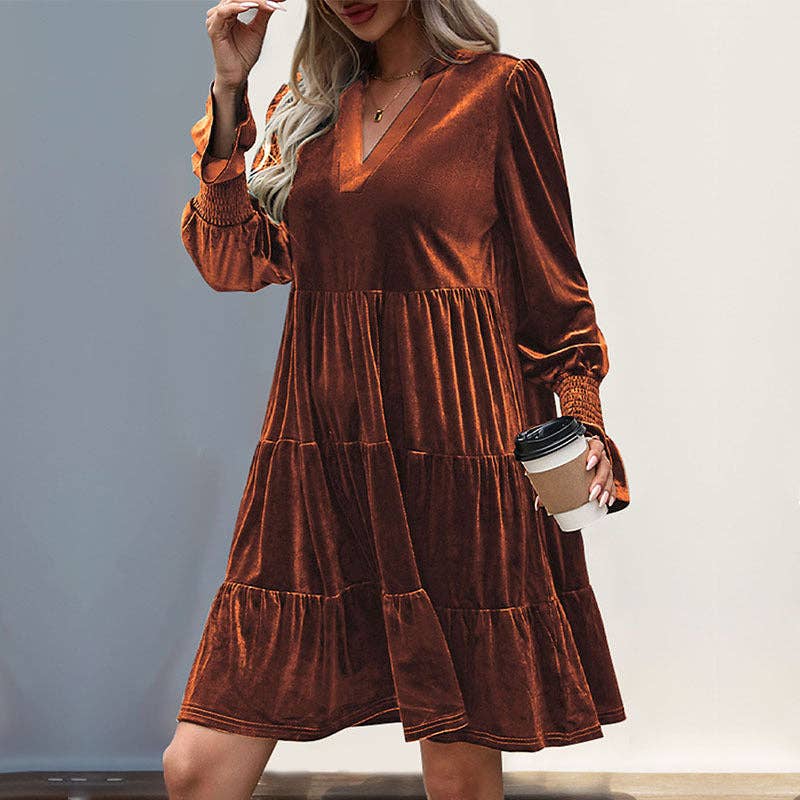 Women's V-Neck Long Sleeve Velvet Dress - Image 4