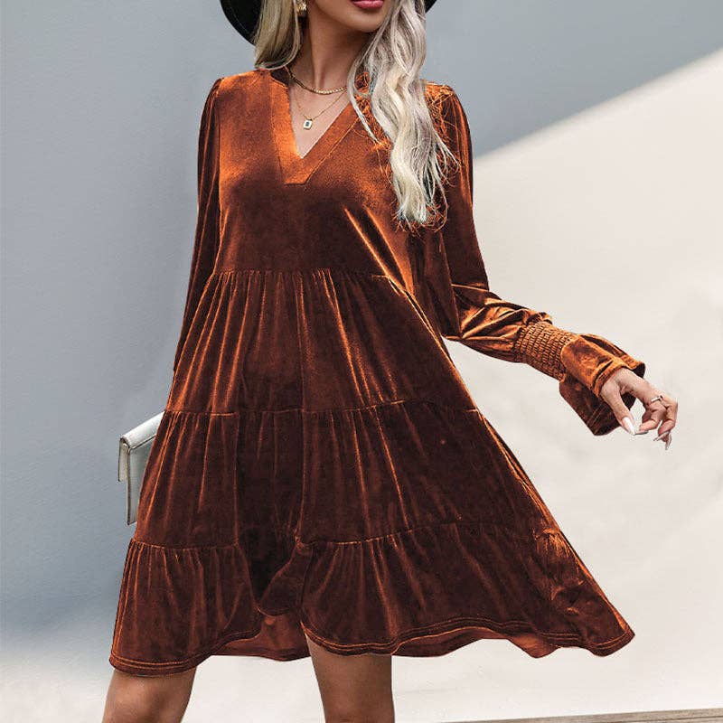 Women's V-Neck Long Sleeve Velvet Dress - Image 5
