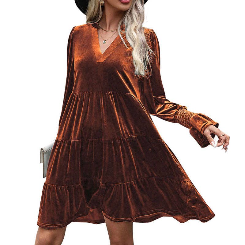 Women's V-Neck Long Sleeve Velvet Dress - Image 7