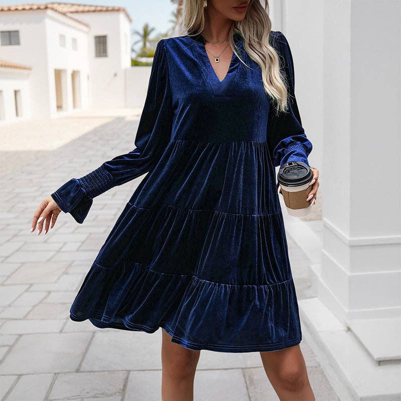Women's V-Neck Long Sleeve Velvet Dress - Image 8