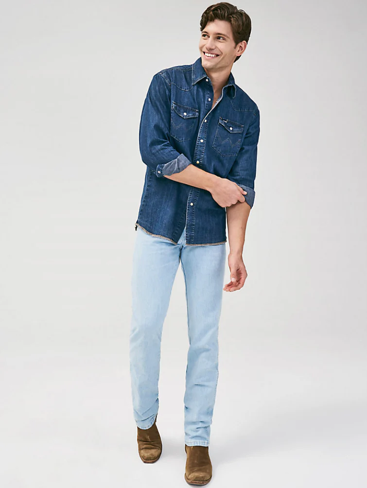 WRANGLER COWBOY CUT LONG SLEEVE WESTERN DENIM SNAP WORK SHIRT IN DARK DENIM STYLE MS1041D - Image 2