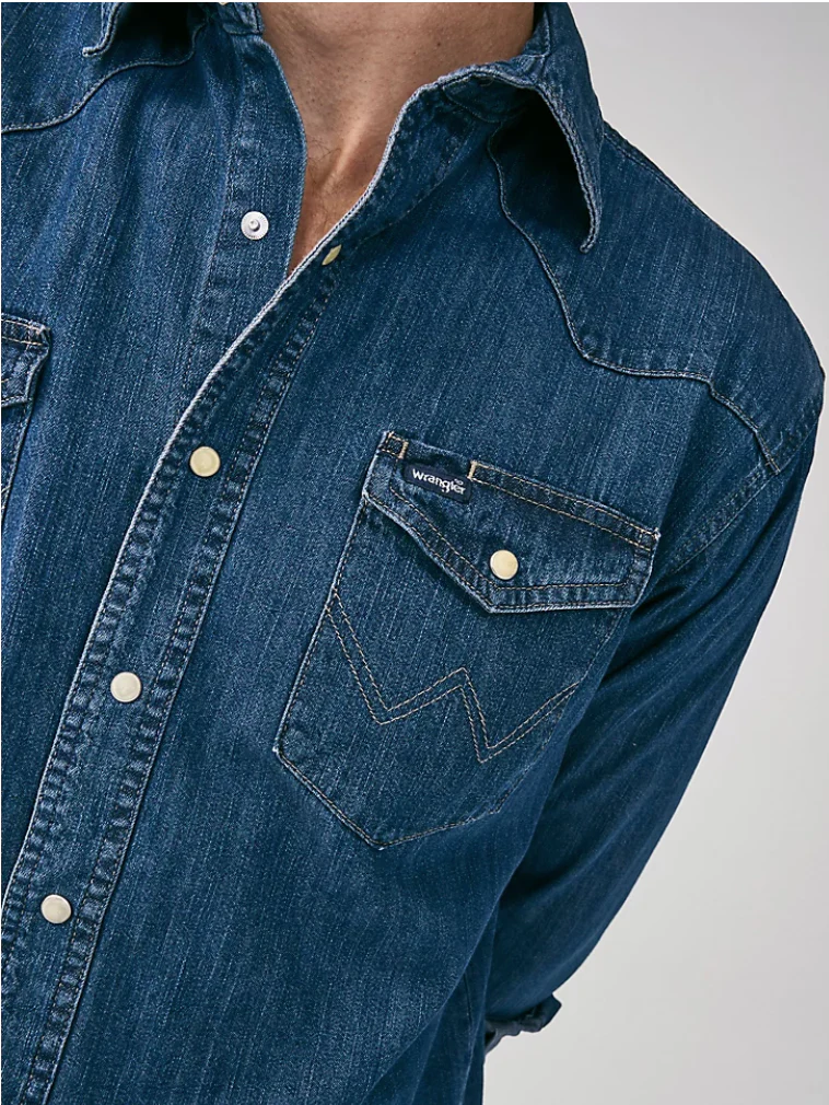 WRANGLER COWBOY CUT LONG SLEEVE WESTERN DENIM SNAP WORK SHIRT IN DARK DENIM STYLE MS1041D - Image 4