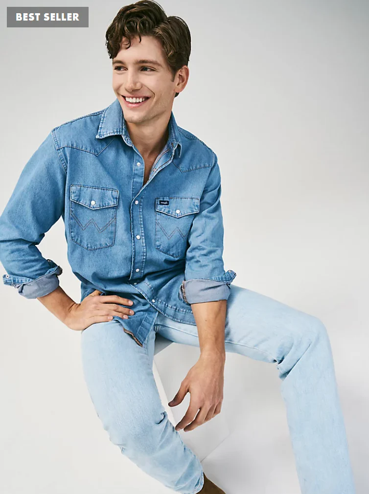 WRANGLER COWBOY CUT LONG SLEEVE WESTERN DENIM SNAP WORK SHIRT IN STONEWASH STYLE 70127SW