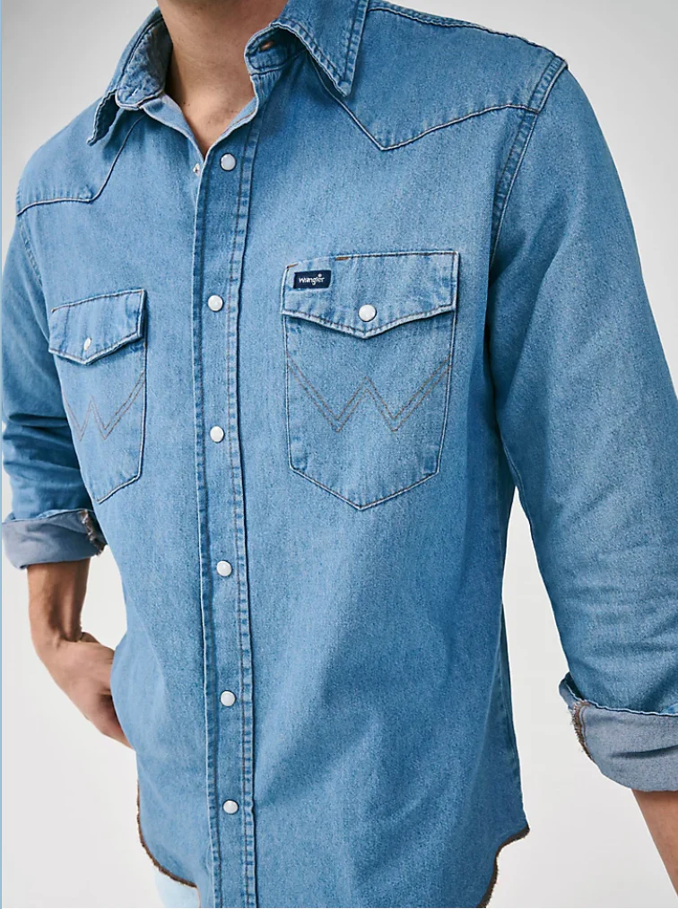 WRANGLER COWBOY CUT LONG SLEEVE WESTERN DENIM SNAP WORK SHIRT IN STONEWASH STYLE 70127SW - Image 3