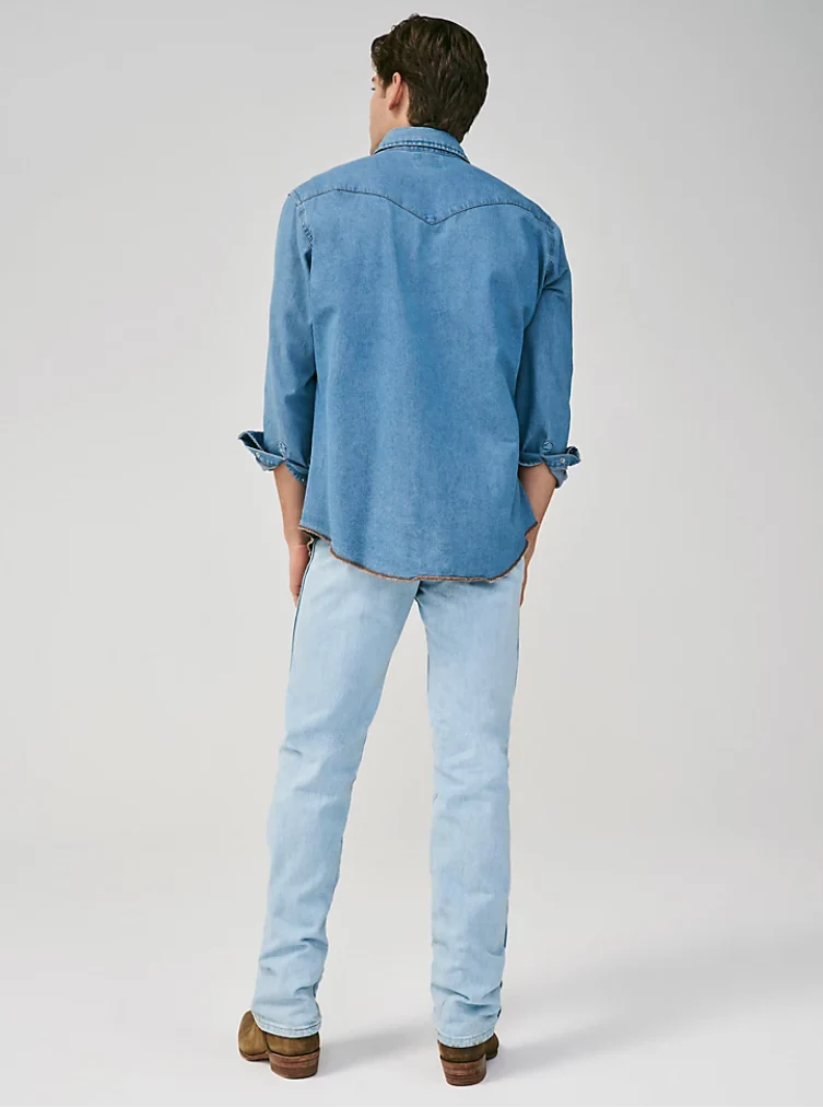 WRANGLER COWBOY CUT LONG SLEEVE WESTERN DENIM SNAP WORK SHIRT IN STONEWASH STYLE 70127SW - Image 4
