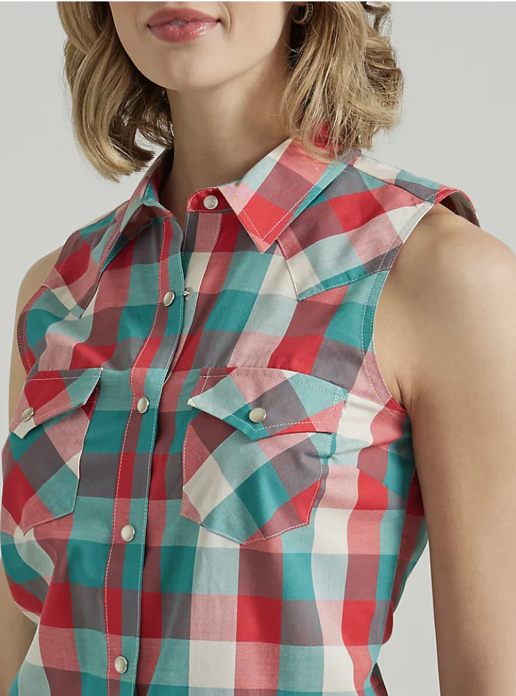 WRANGLER LADIES ESSENTIAL WESTERN SNAP TANK IN TURQUOISE RED STYLE 112347163 - Image 3