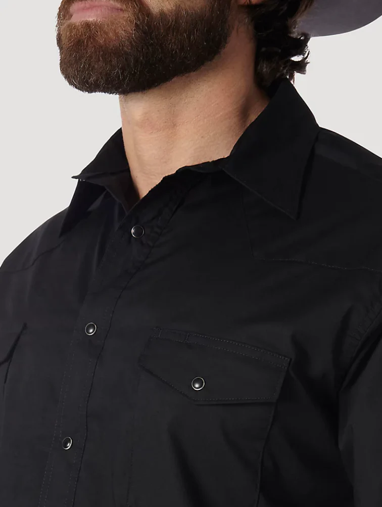 WRANGLER WESTERN SNAP SHIRT LONG SLEEVE SOLID BROADCLOTH IN BLACK STYLE 71105BK - Image 3