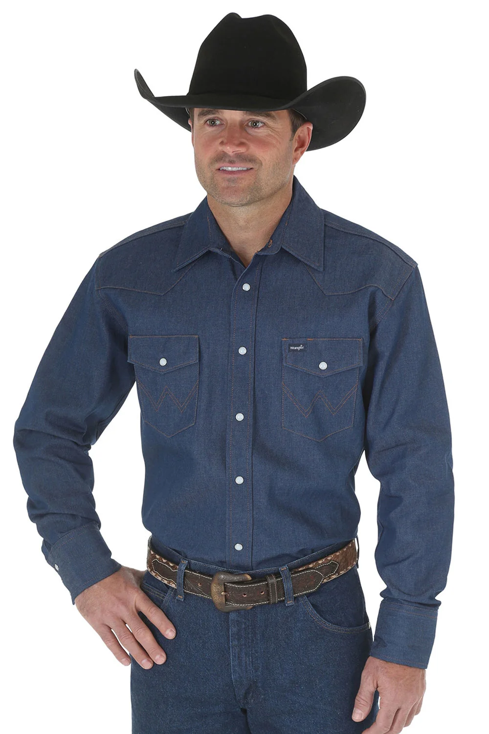 WRANGLER COWBOY CUT FIRM FINISH LONG SLEEVE WESTERN SNAP SOLID WORK SHIRT IN BLUE STYLE MS70119 - Image 3