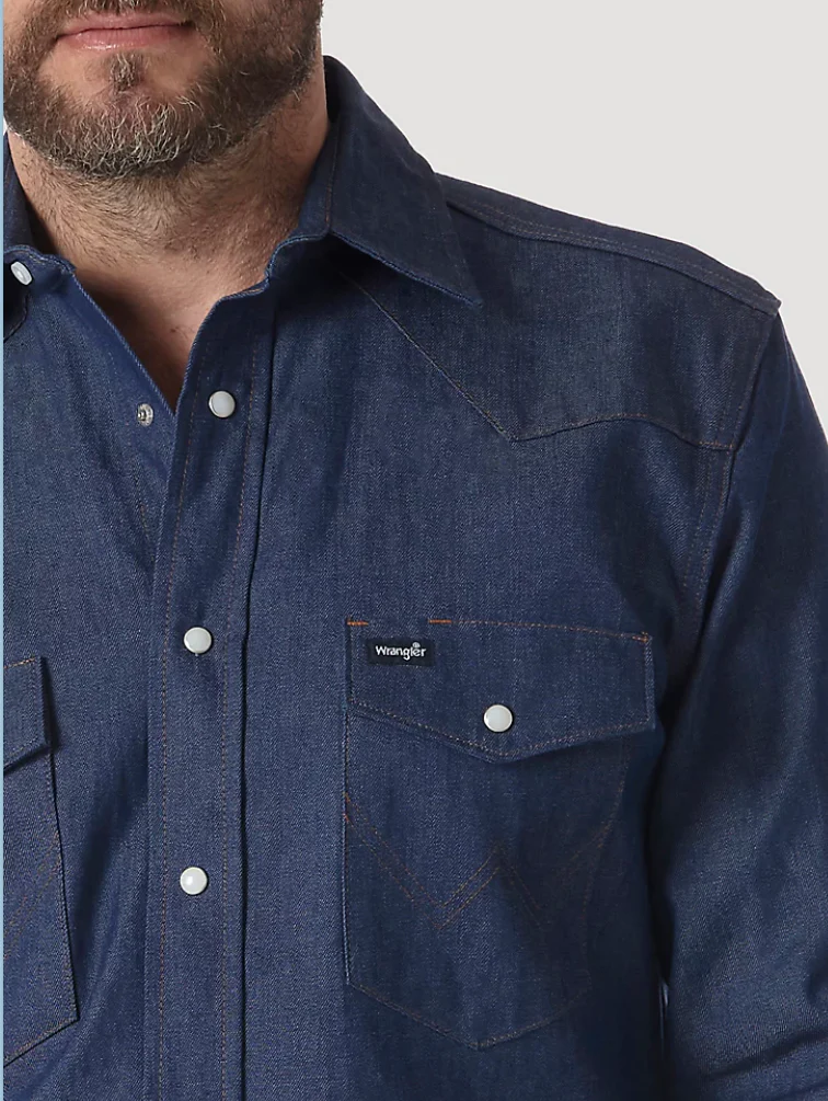 WRANGLER COWBOY CUT FIRM FINISH LONG SLEEVE WESTERN SNAP SOLID WORK SHIRT IN BLUE STYLE MS70119 - Image 5