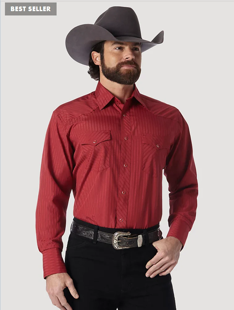WRANGLER WESTERN LONG SLEEVE WESTERN SNAP DOBBY STRIPE SHIRT IN WINE STYLE 75740WN